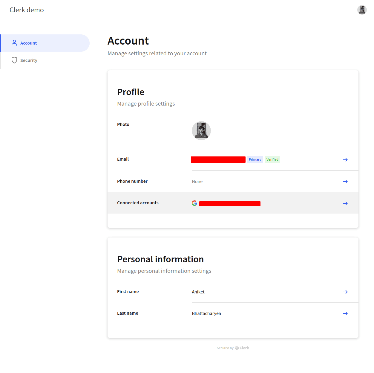 The account page