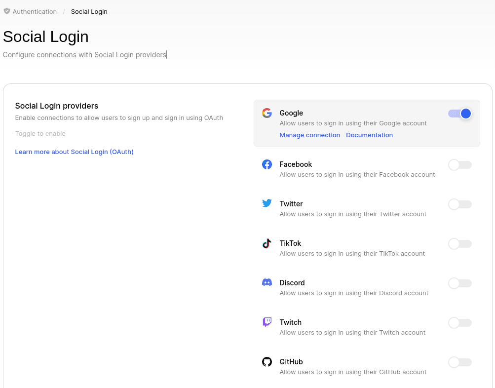 The Social Login page in Clerk