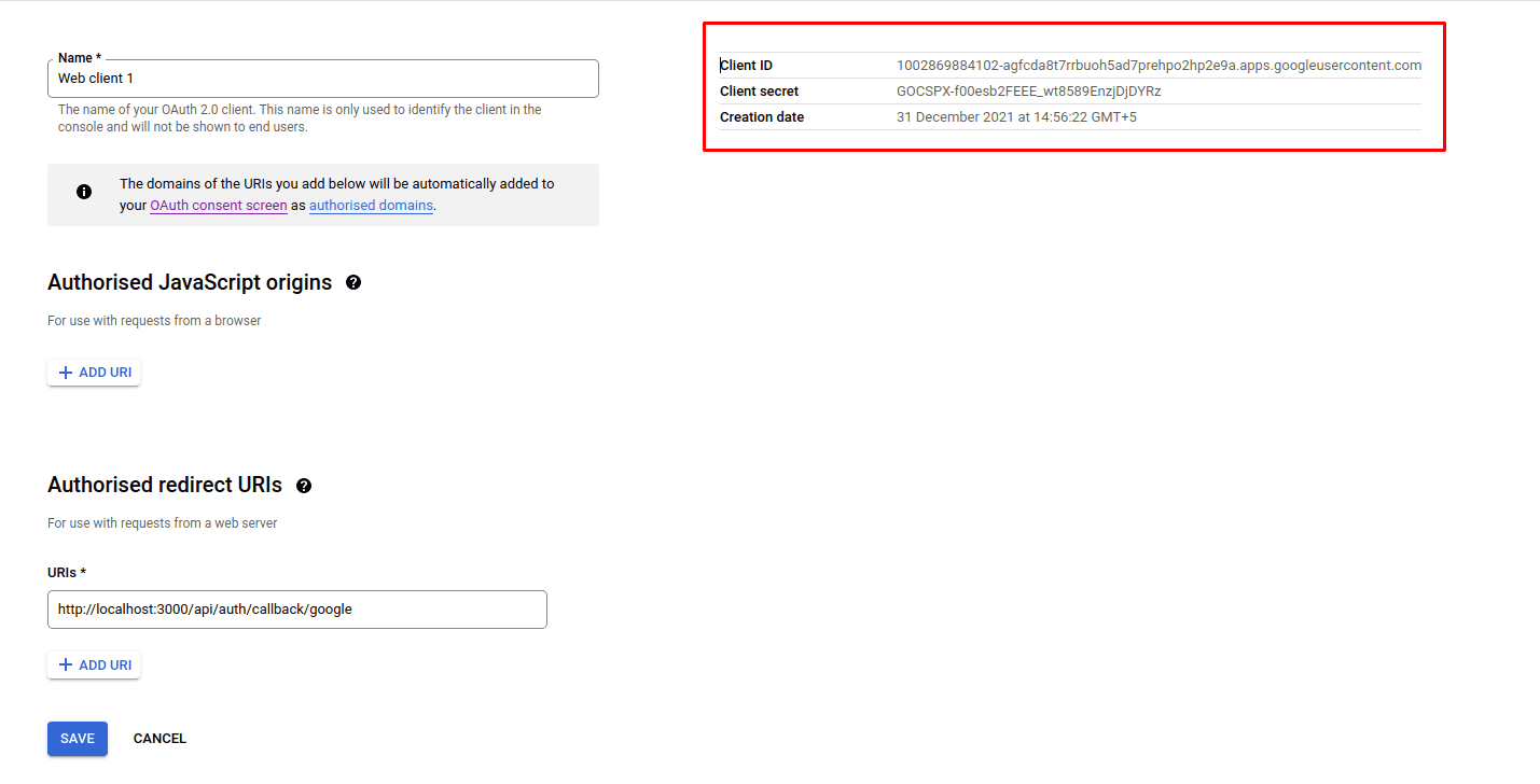 The credentials page in Google console