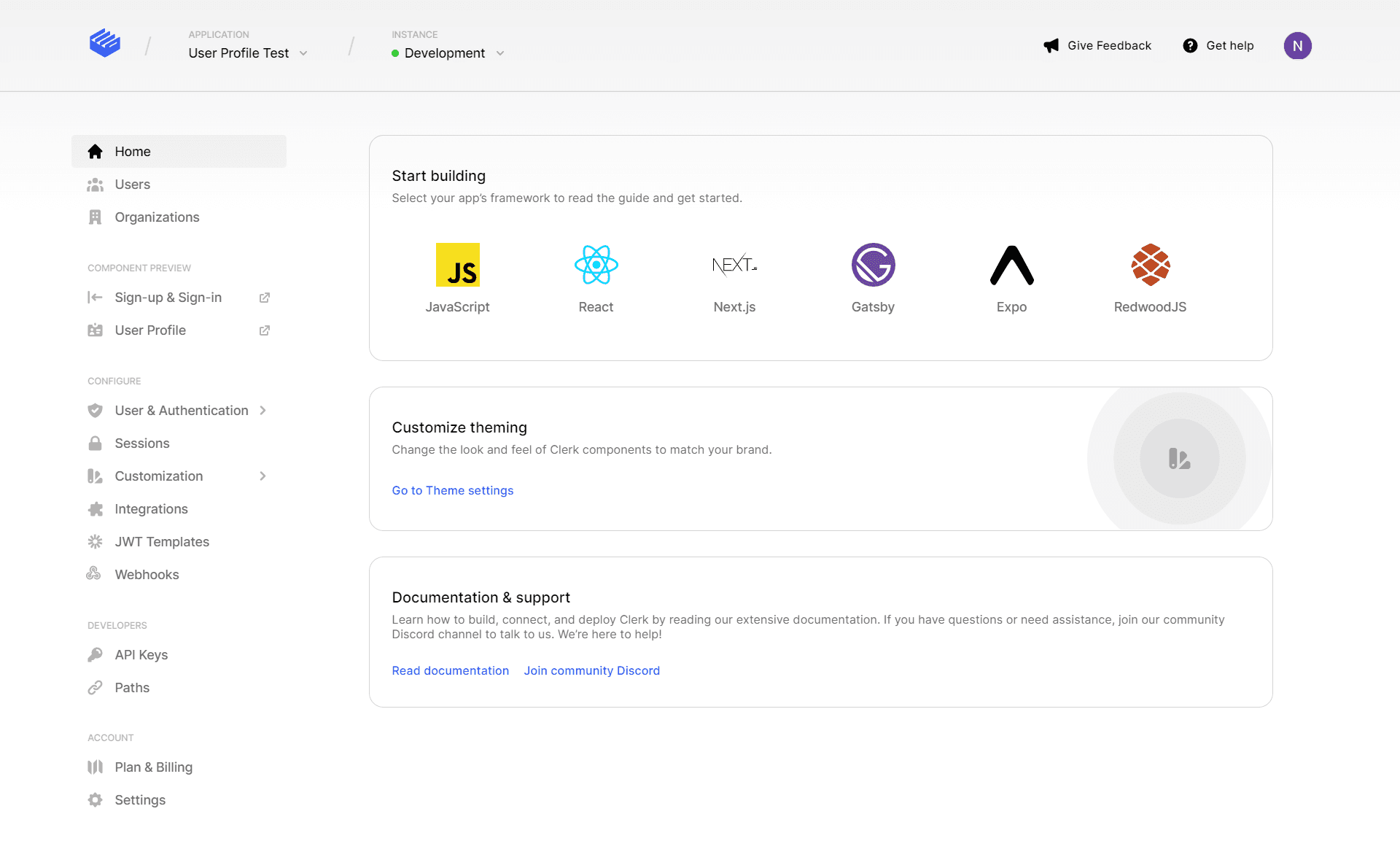 Clerk application dashboard