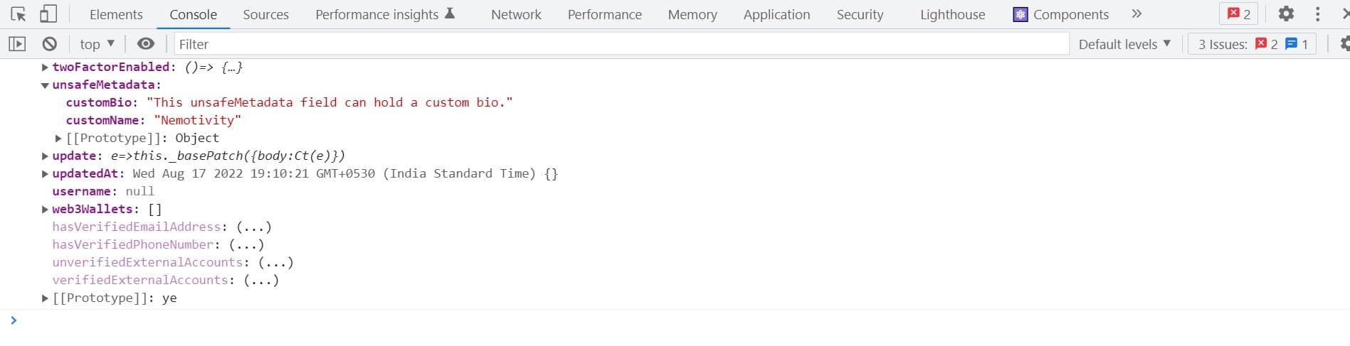 `unsafeMetadata` object