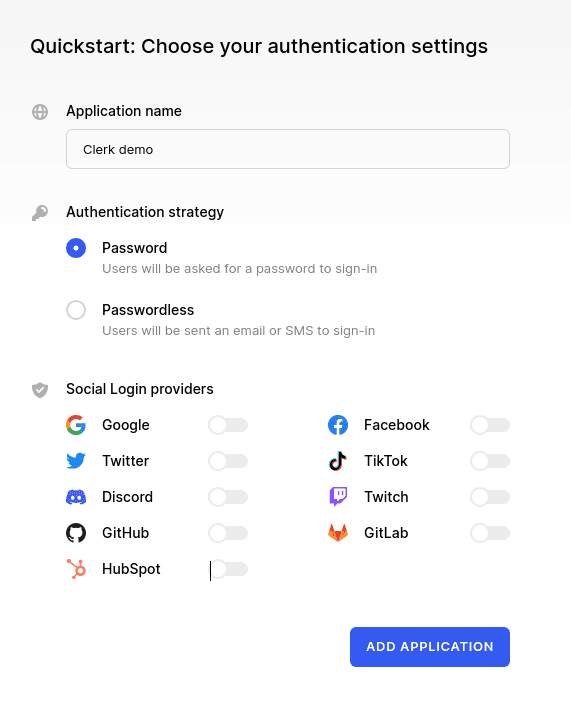 The new application page in Clerk