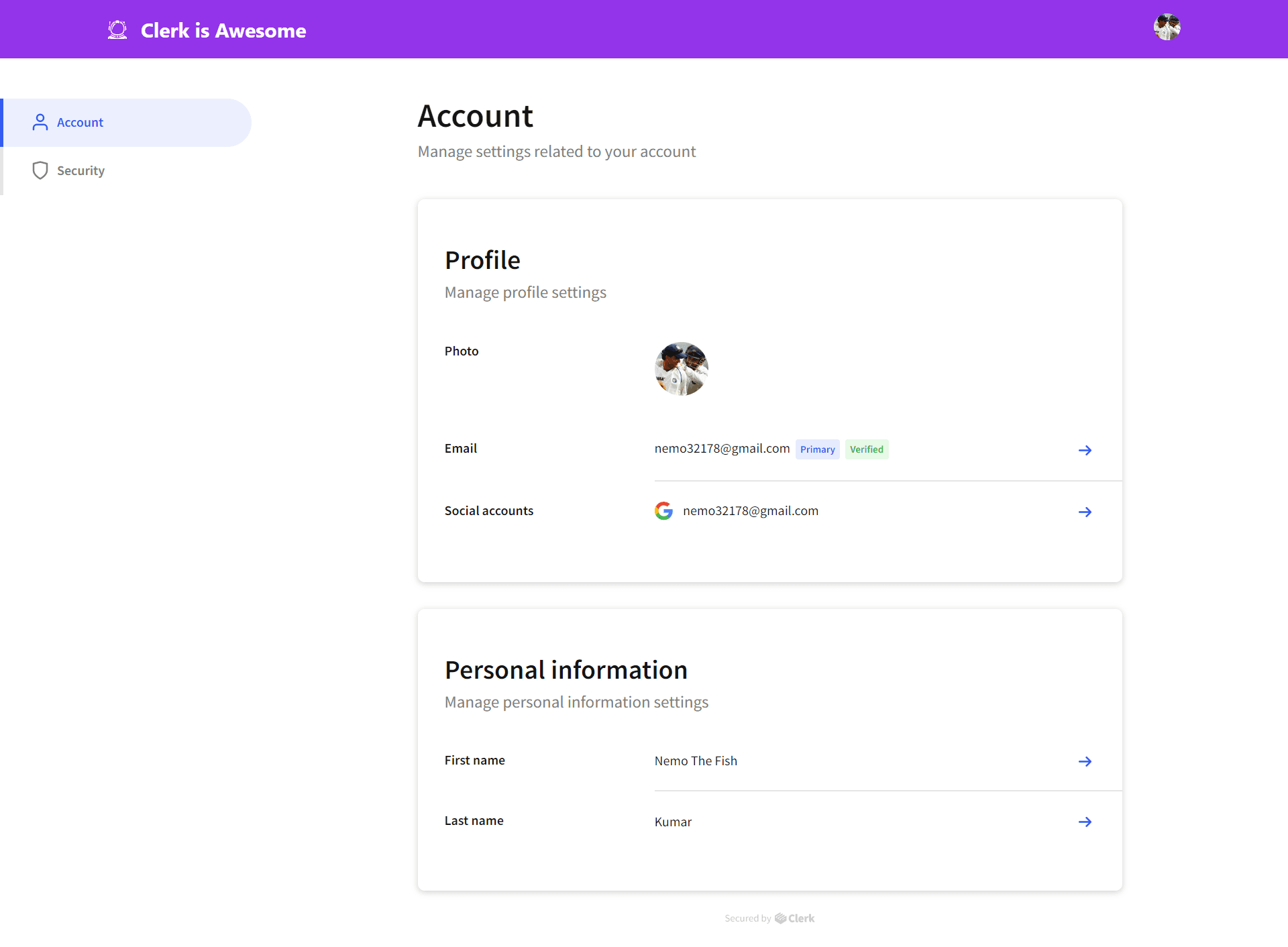 Clerk `UserProfile` component